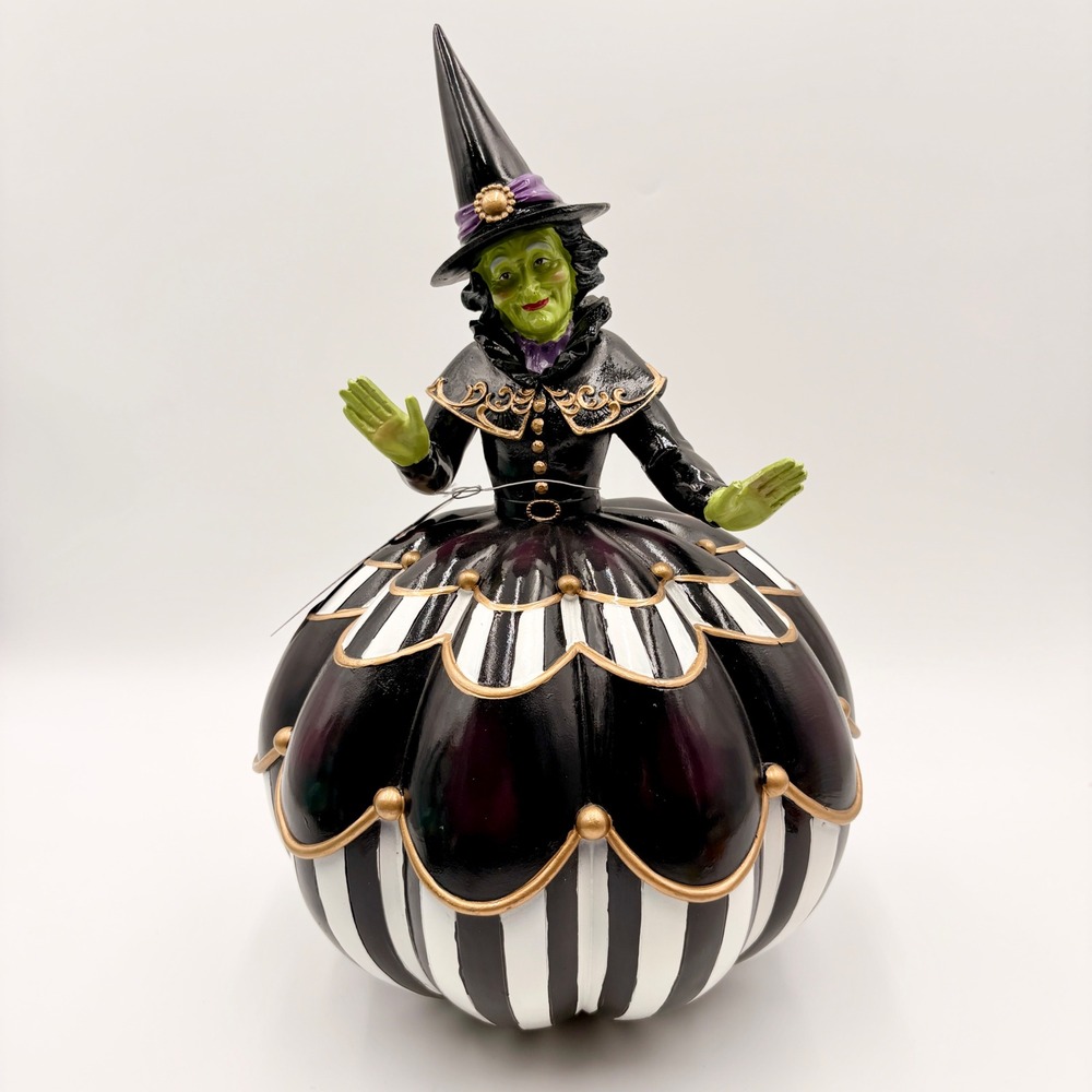 Eerie Charm Wicked Witch Striped Pumpkin Figurine Halloween Decor Black Gold